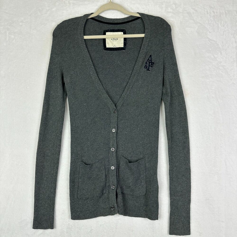 Abercrombie Fitch Vintage Y2K Logo Cardigan Size Medium Grey Preppy Academia
